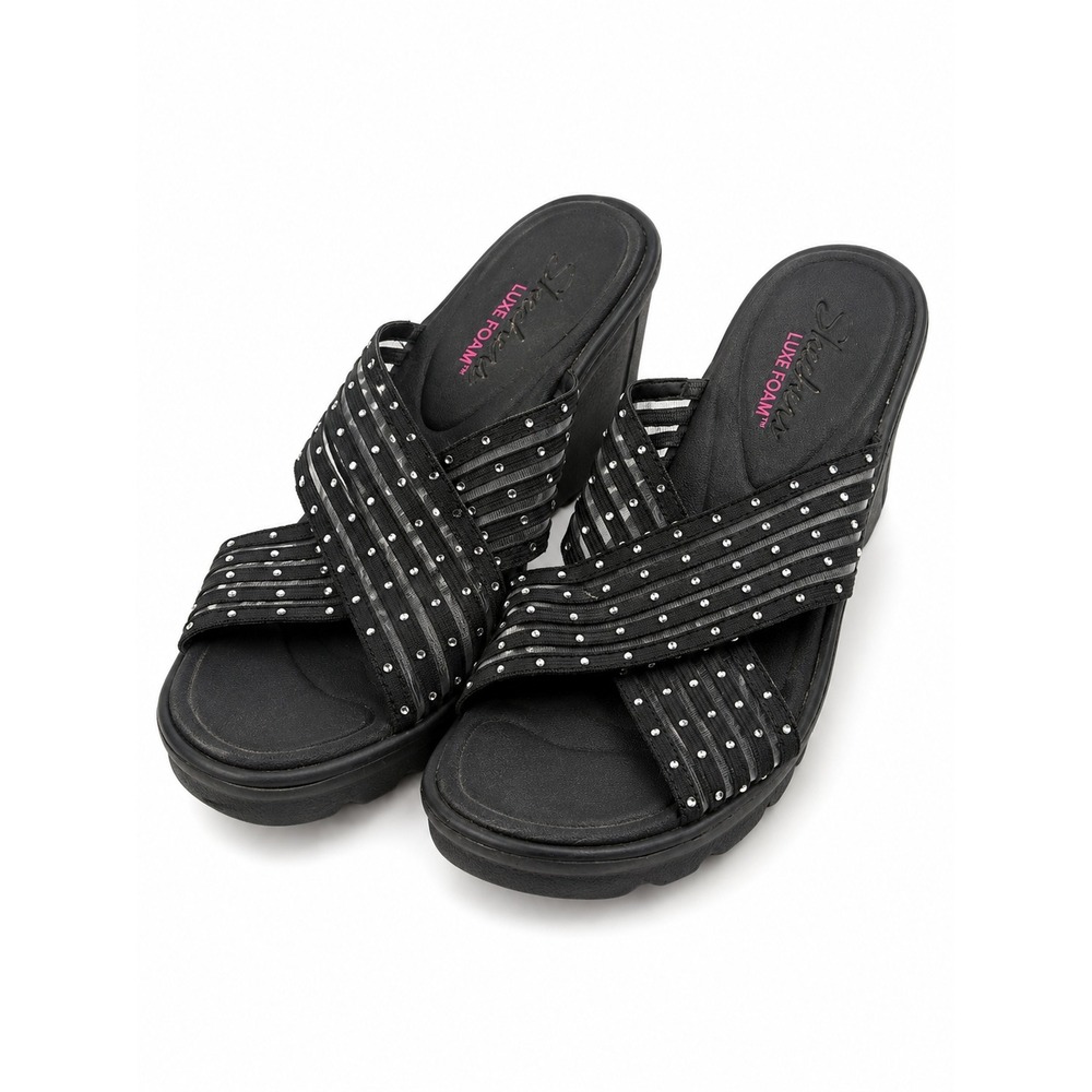 Skechers Black Rhinestone Wedge Platform Sandals Slides Women's Size 9-9.5